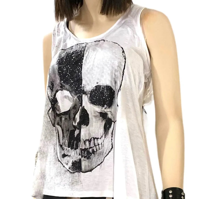 Women's White Skull Black Mesh Panel Tank Top - XL - Wild Time Fashion