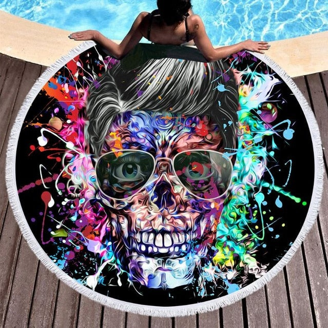 Skull Color Hippie Round Beach Towel - BlueArtDecor