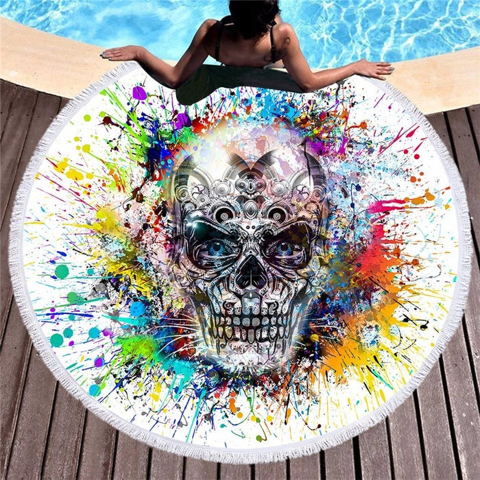 Skull Color Hippie Round Beach Towel - BlueArtDecor