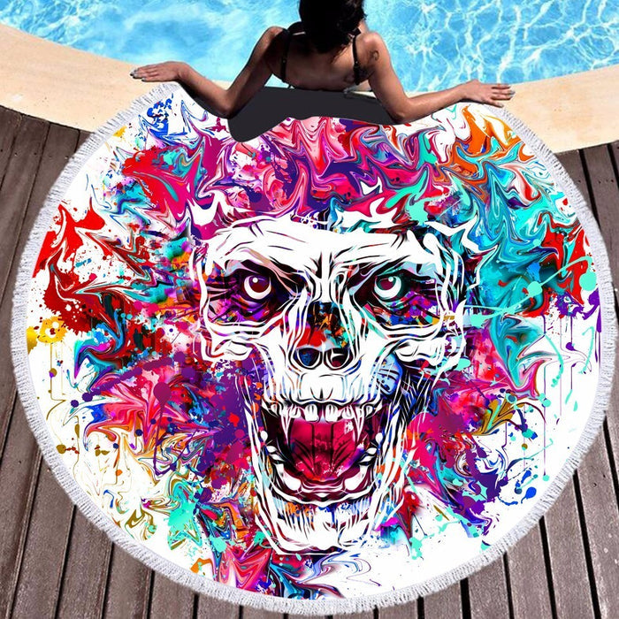 Skull Color Hippie Round Beach Towel - BlueArtDecor