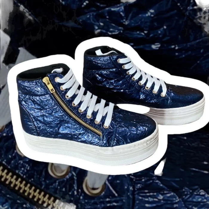 Women's Blue Textured  Metallic Lace Up or Zipper  Distressed Platform High Top Sneakers - Size 10- Wild Time Fashion