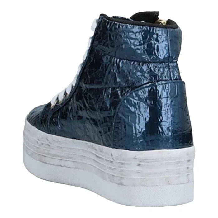 Women's Blue Textured  Metallic Lace Up or Zipper  Distressed Platform High Top Sneakers - Size 10- Wild Time Fashion
