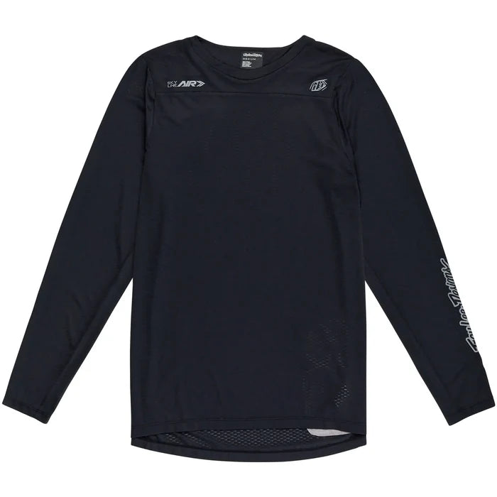 Black long-sleeve shirt with brand logos on a white background