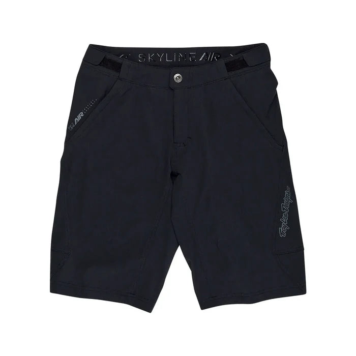 Black shorts with branding on a white background