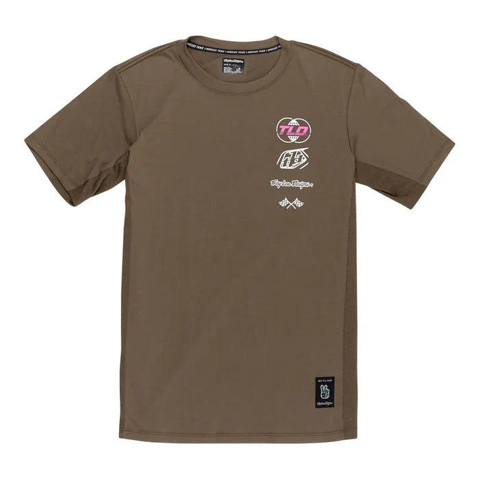 Brown t-shirt with multiple logos on a white background