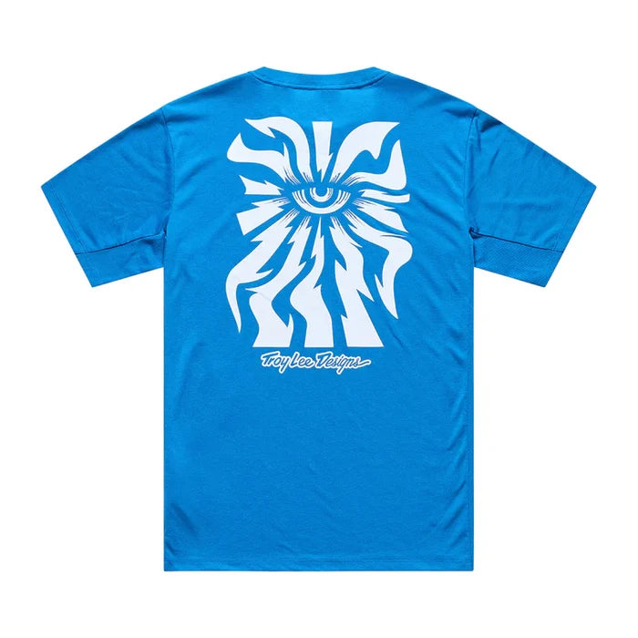 Blue t-shirt with a white graphic design on the back against a white background