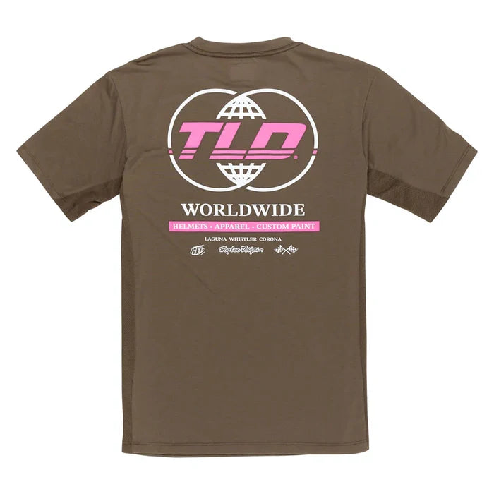 Brown t-shirt with pink and white graphics on the back on a white background