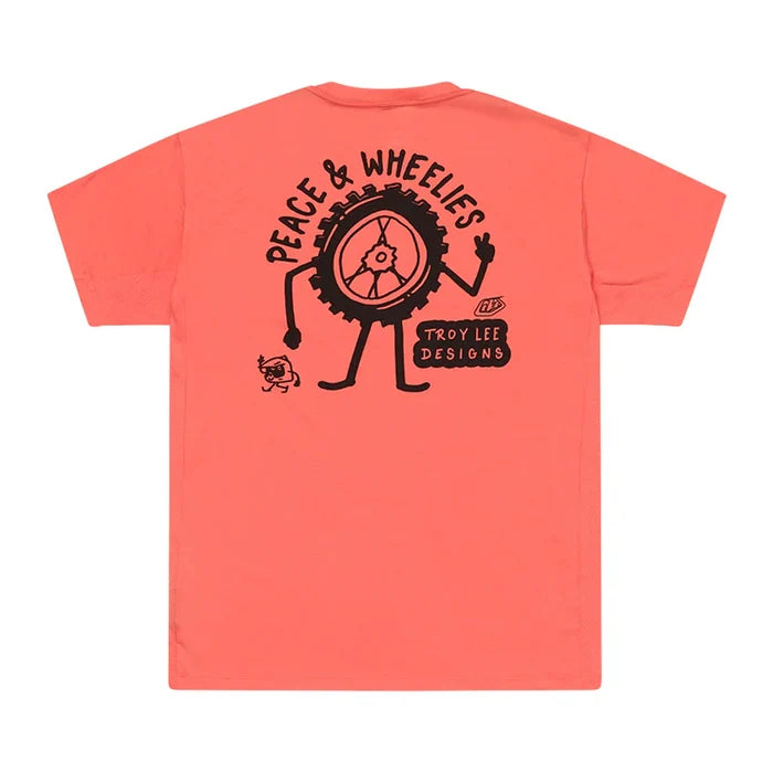 Coral t-shirt with black graphic design on the back on a white background
