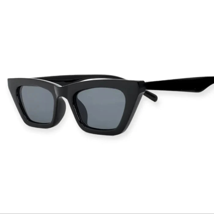 Sleek small black rectangle sunglasses with slim gray UV400 lenses, unisex festival fashion shades, durable acrylic frame with metal hinges