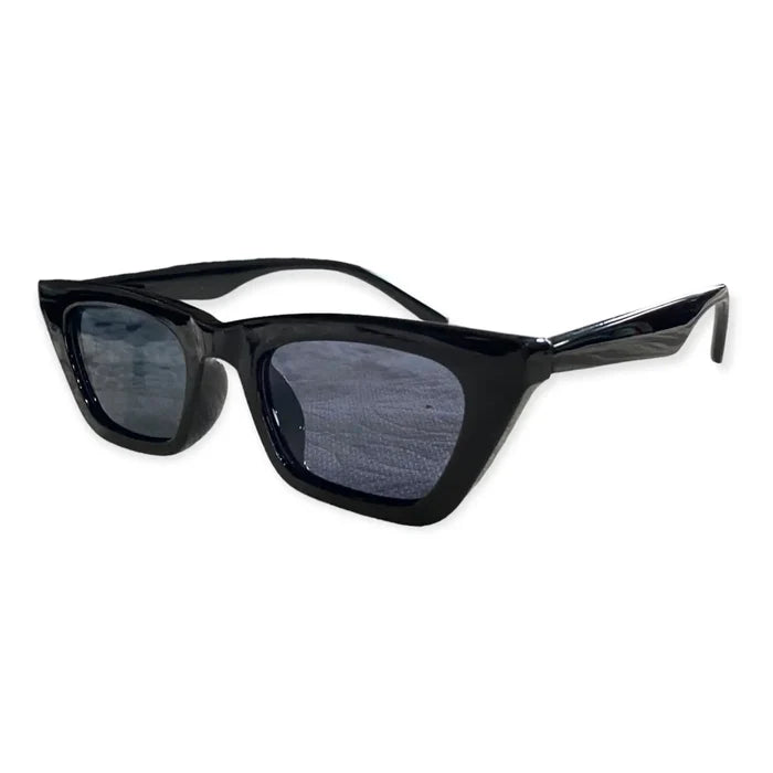 Sleek small black rectangle sunglasses with slim gray UV400 lenses, unisex festival fashion shades, durable acrylic frame with metal hinges