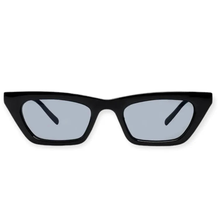 Sleek small black rectangle sunglasses with slim gray UV400 lenses, unisex festival fashion shades, durable acrylic frame with metal hinges