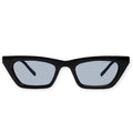 Sleek small black rectangle sunglasses with slim gray UV400 lenses, unisex festival fashion shades, durable acrylic frame with metal hinges