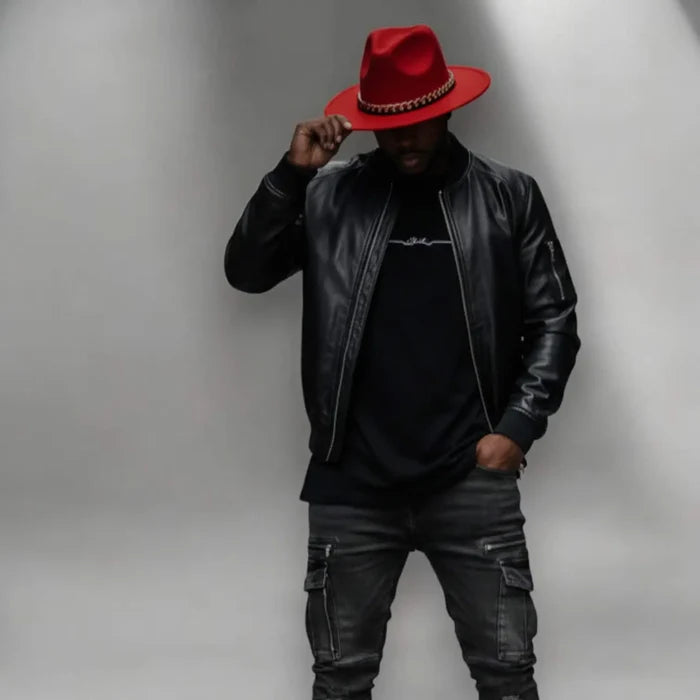 Sleek Wide Brim Fedora Hat with removable gold black lace chain / red / medium