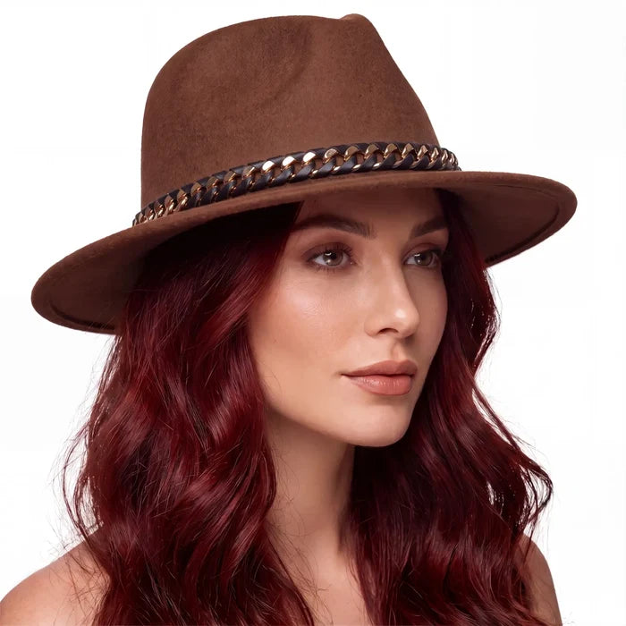 Sleek Wide Brim Fedora Hat with removable gold black lace chain / dark brown / medium