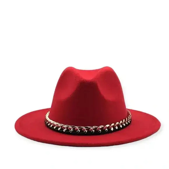 Sleek Wide Brim Fedora Hat with removable gold black lace chain / red / medium