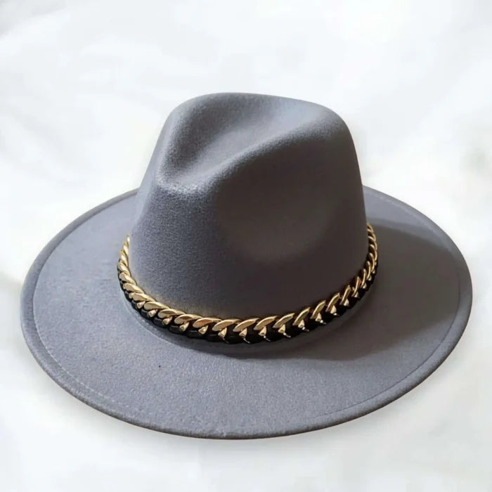Sleek Wide Brim Fedora Hat with removable gold black lace chain / light gray / medium