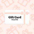 Sleepybelly Gift Card with pink ribbon design on a patterned gift-box background