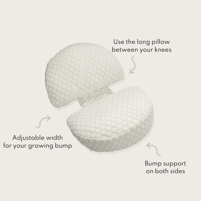 Pregnancy pillow diagram showing the long knee pillow, adjustable width and bump support on both sides