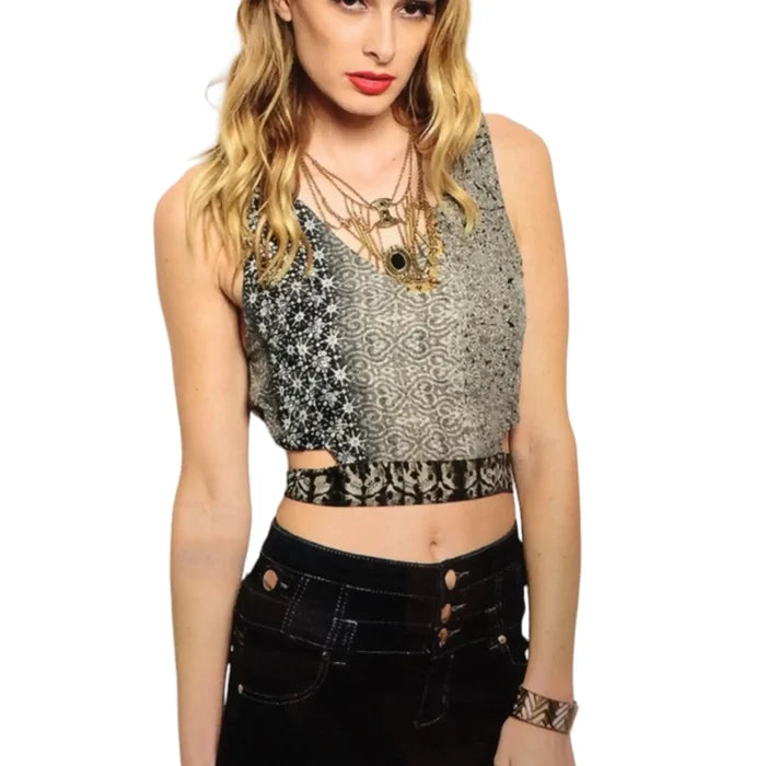 Sleeveless Black Abstract Waist Wrap Crop Top