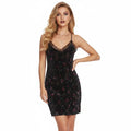 Sleeveless Black Floral Velvet Slip Mini Dress with lace V-neck and crisscross straps
