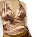 brown plunging gold charm waist wrap crop top, edgy silky halter, festival clubwear style
