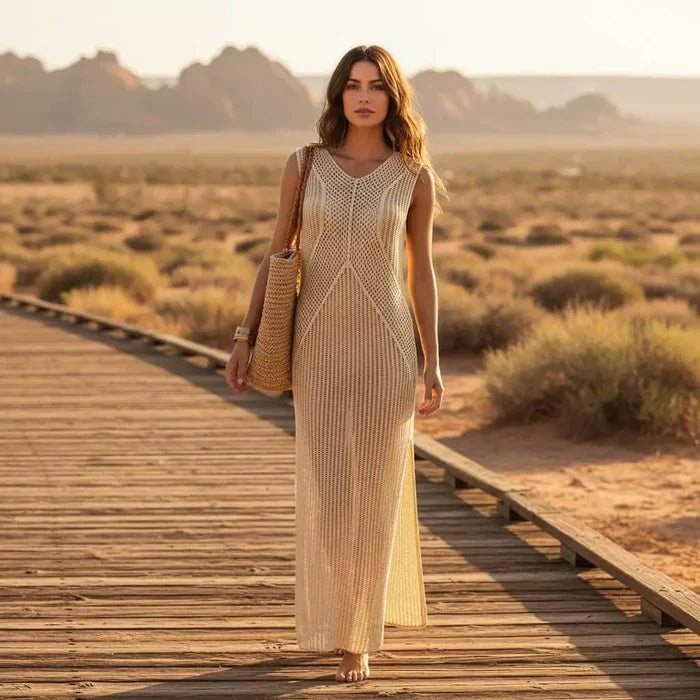 Woman wearings Tan Sleeveless Crochet Dress Beach Cover UpV-neckline, semi-sheer knit, and high side slits / one size