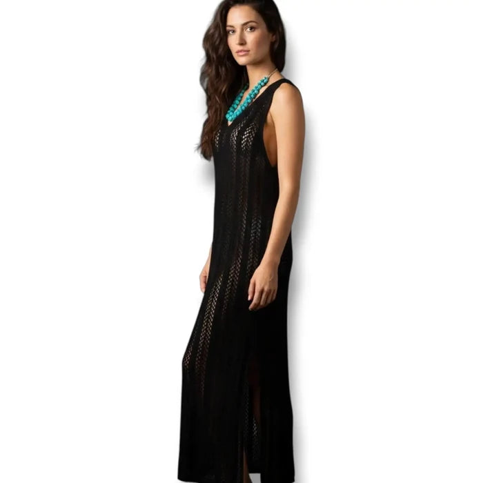 Woman wearings Black Sleeveless Crochet Dress Beach Cover UpV-neckline, semi-sheer knit, and high side slits / one size