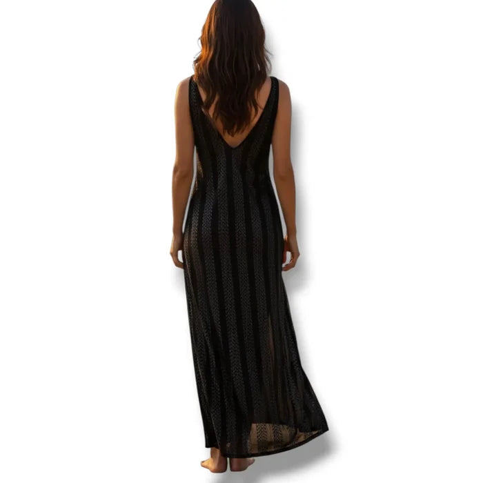 Woman wearing back view black Sleeveless Crochet Dress Beach Cover UpV-neckline, semi-sheer knit, and high side slits / one size