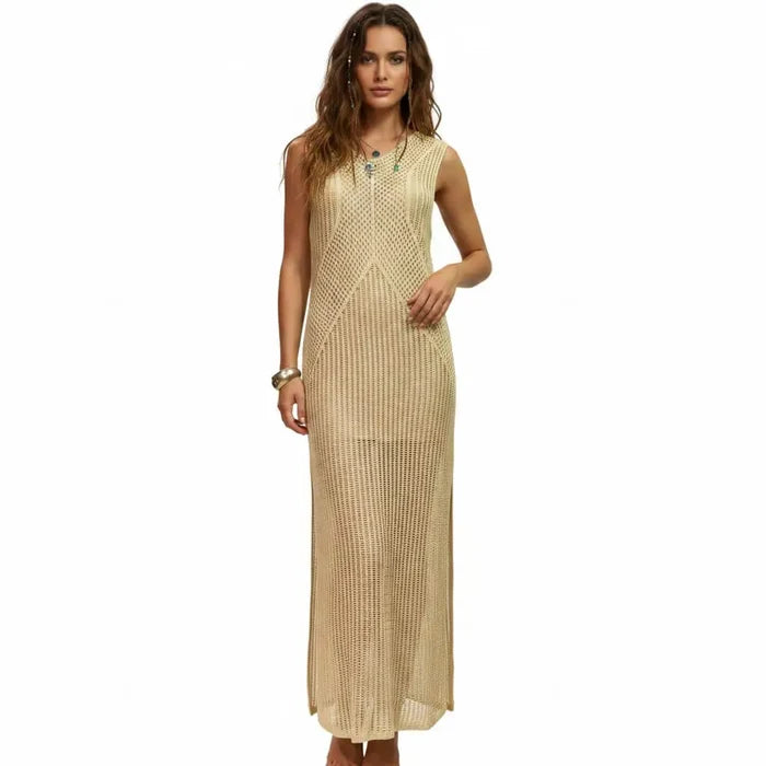 Woman wearings Tan Sleeveless Crochet Dress Beach Cover UpV-neckline, semi-sheer knit, and high side slits / one size