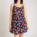 navy sleeveless floral tiered mini dress front view close up