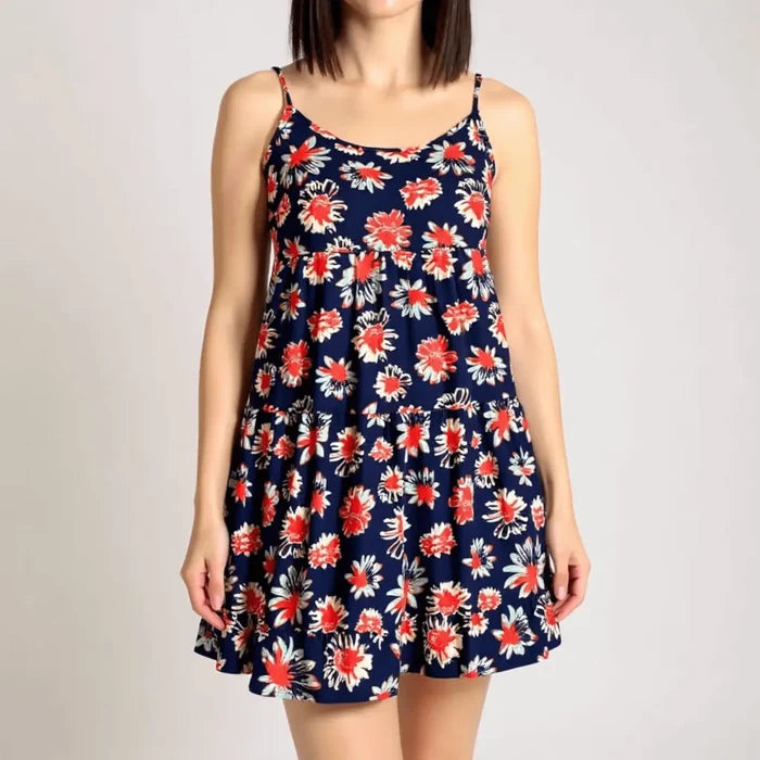 navy sleeveless floral tiered mini dress front view close up