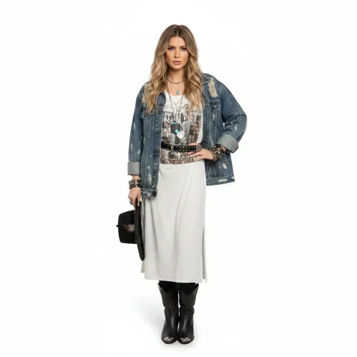 Women's Sleeveless Graphic T-Shirt Midi Dress off white with silver heart graphic side splits  / medium