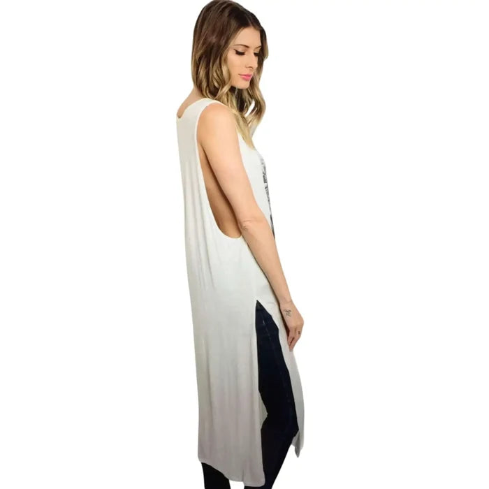 Women's Sleeveless Graphic T-Shirt Midi Dress off white with silver heart graphic side splits  / medium