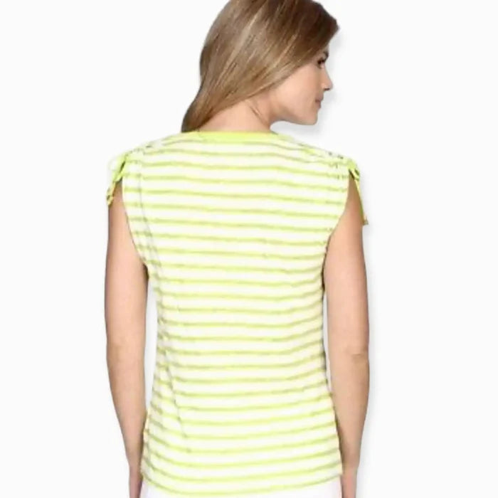 sleeveless round neck neon striped top green white back view