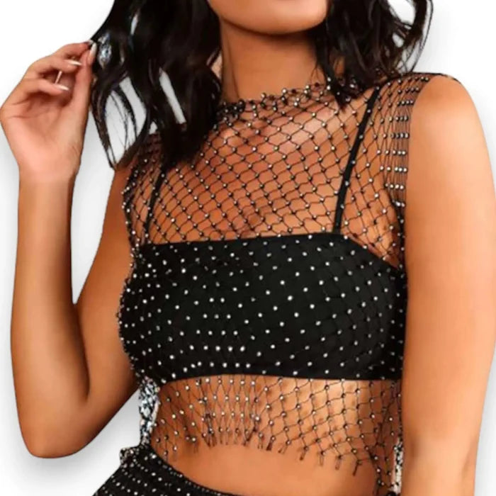 Sleeveless Sparkly Sheer Mesh Crop Top with rhinestones and diamond fishnet design / women's / one size / black
