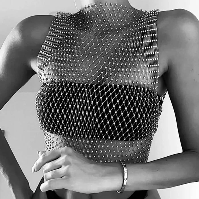 Sleeveless Sparkly Sheer Mesh Crop Top with rhinestones and diamond fishnet design / women's / one size / white