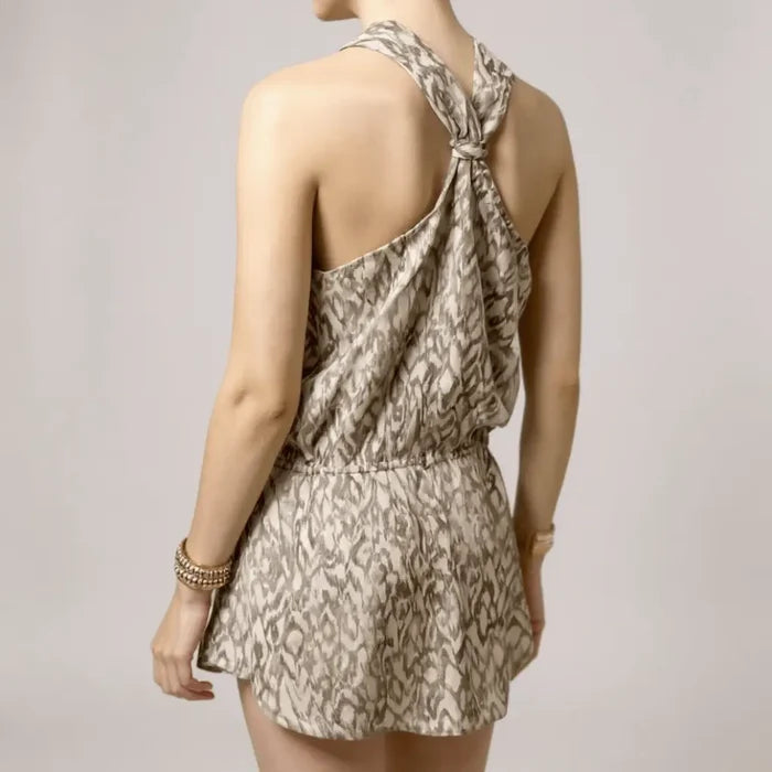 beige and ivory abstract mini dress lined mini skirt ikat  print resort dress