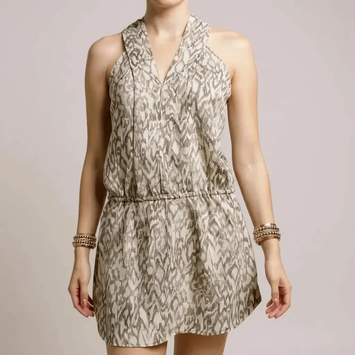 halter plunge neckline abstract ikat print mini dress close up model front view
