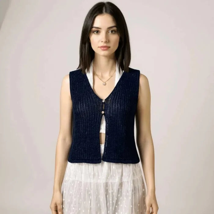Woman wearing with white outfit Navy Blue Sleeveless V Neck Knit Vest Top in crochet knit with cropped two-button cardigan vest style / women's/ large