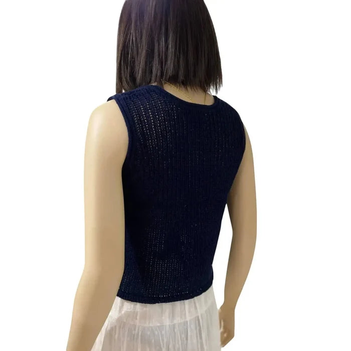 back view of navy blue Sleeveless V Neck Knit Vest Top in crochet knit with cropped two-button cardigan vest style / women's/ large