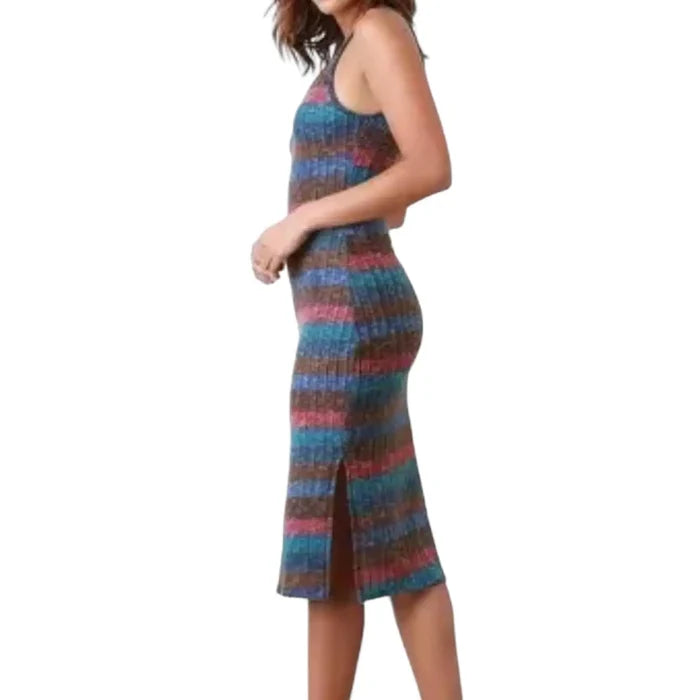 Sleeveless V Neck Striped Slit Midi Dress