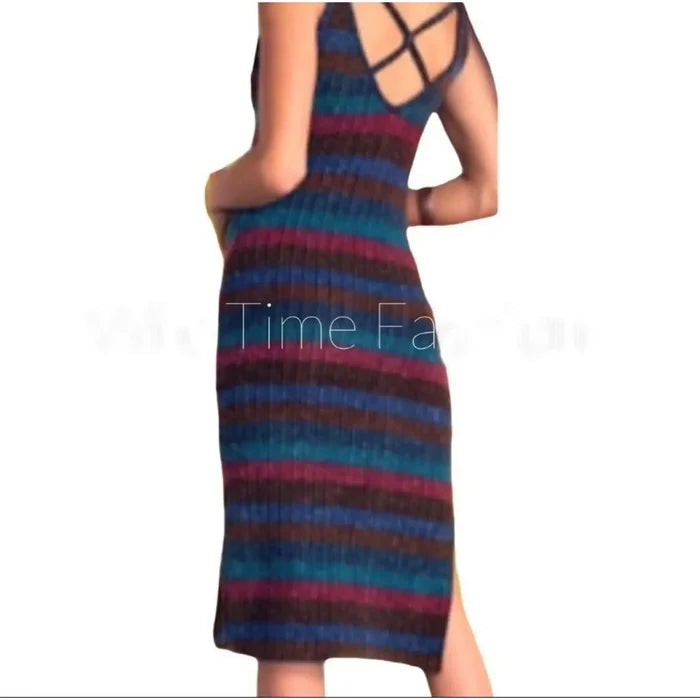 Sleeveless V Neck Striped Slit Midi Dress