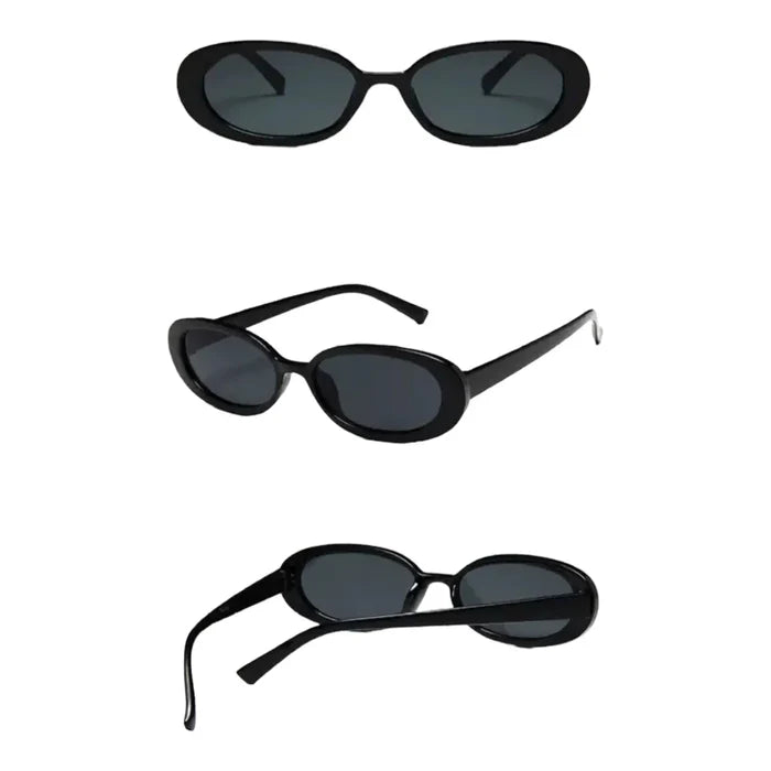 Stylish women’s small black oval sunglasses with vintage-inspired design and gray lenses