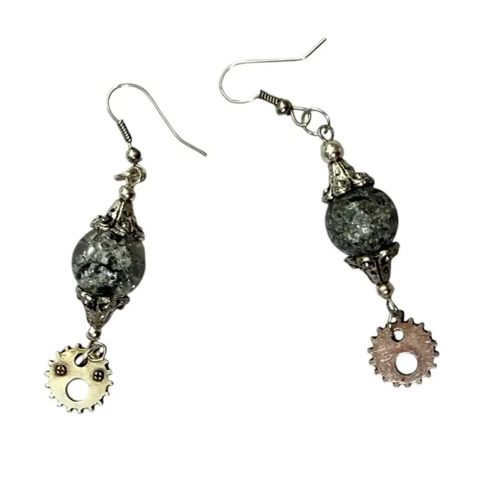 women's smoked gray glass bead gear dangle earrings 2.25" long