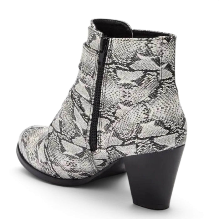 back angle Snakeskin Black White Multi Straps Heel Boots inner zipper women's shoe size 9.5