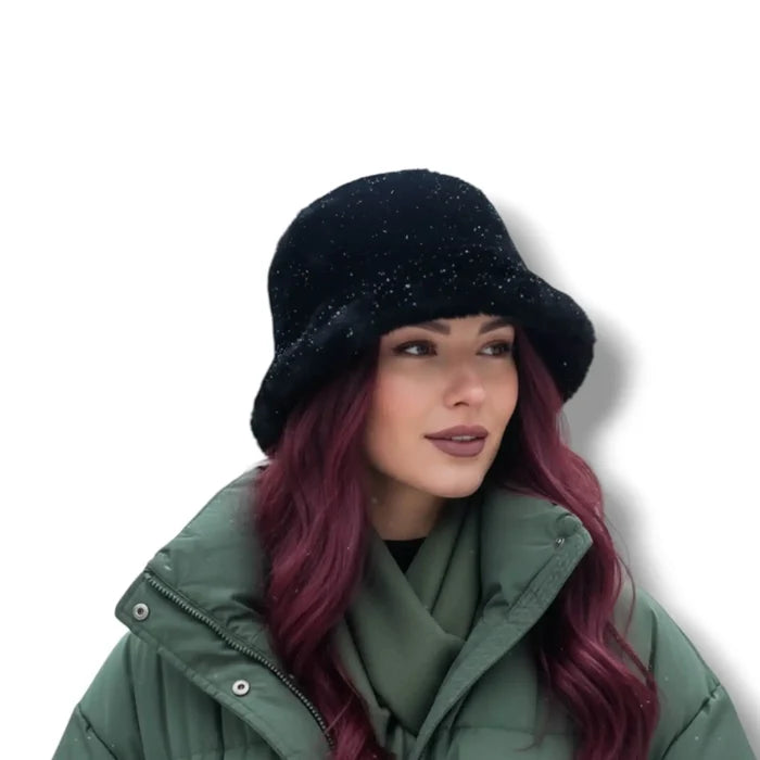 soft faux fur winter bucket hat in black, plush fluffy reversible design with 2.5 inch brim, streetwear headwear