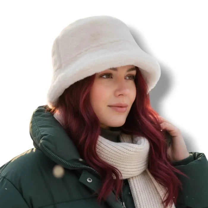 soft faux fur winter bucket hat in white plush fluffy reversible design with 2.5 inch brim, streetwear headwear