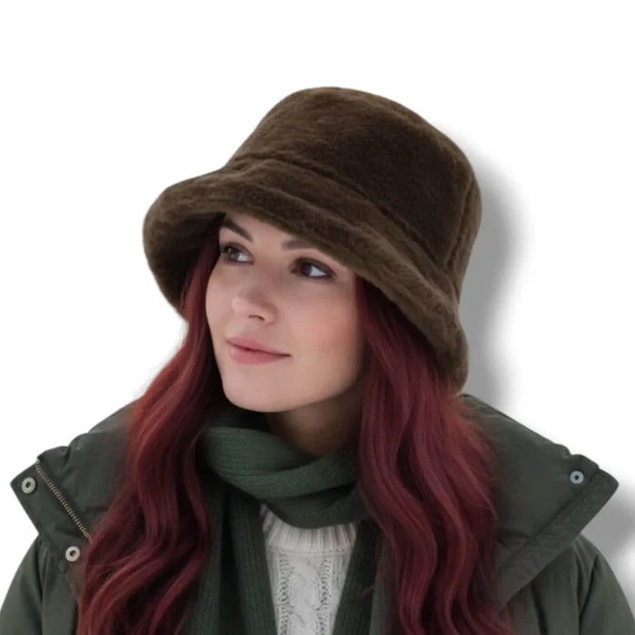 woman wearing soft faux fur winter bucket hat in brown plush fluffy reversible design with 2.5 inch brim, streetwear headwear