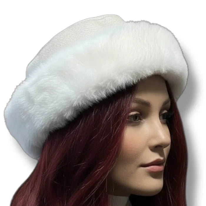 woman wearing soft faux fur winter bucket hat in white rolled up plush fluffy reversible design with 2.5 inch brim, streetwear headwear