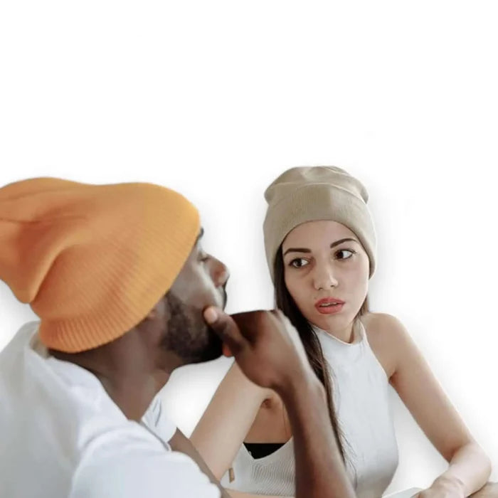 Solid Color Lightweight Fisherman Beanie skull cap in soft acrylic shown cuffed and slouchy styles beige